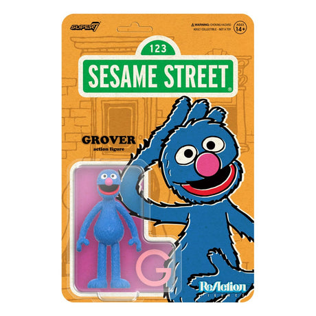 Grover Sesame Street ReAction action figure by Super7 on illustrated blister card packaging