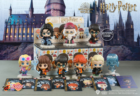 Harry Potter Cosbi blind box collection figures by Hot Toys displayed with multiple characters from the Wizarding World
