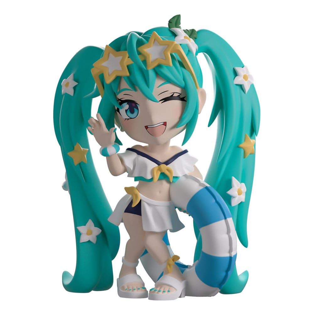 Front view of Hatsune Miku Summer Style Youtooz figure winking and waving with star sunglasses and float ring