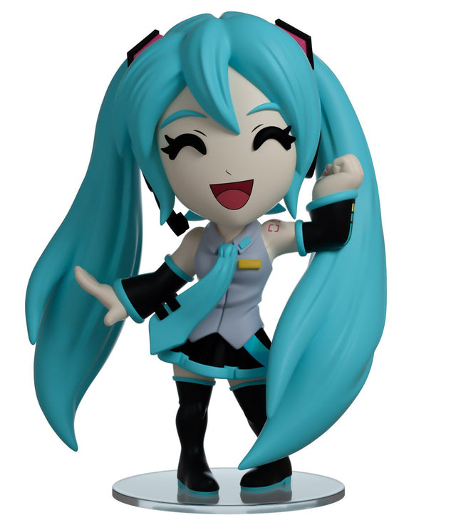 Hatsune Miku Youtooz vinyl figure front view with turquoise twin-tails and smiling chibi design