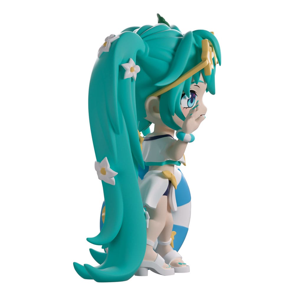 Right side view of Hatsune Miku Summer Style Youtooz figure showing long teal ponytail and sailor outfit
