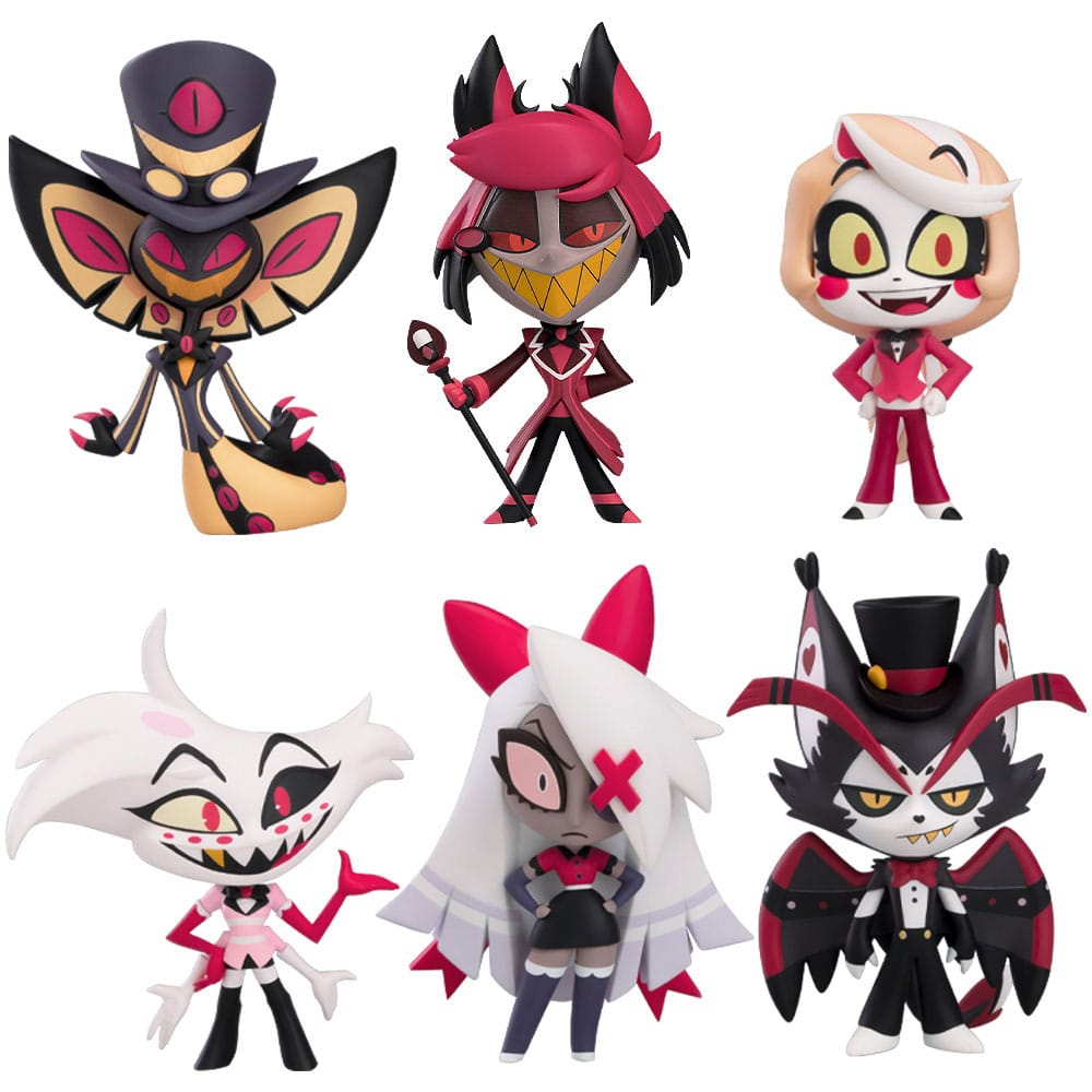 Hazbin Hotel Blind Box Series vinyl figures lineup including Alastor, Charlie, Vaggie, Angel Dust and Husk