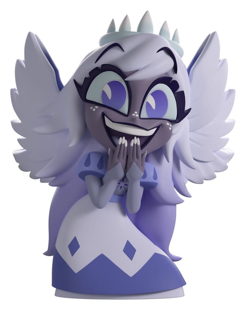 Emily Hazbin Hotel Youtooz vinyl figure with purple eyes, halo, wings and purple white dress front view.