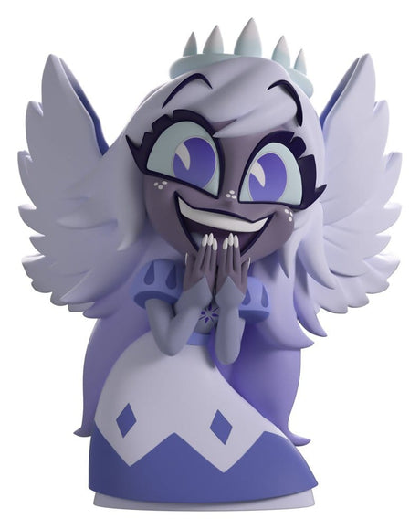 Emily Hazbin Hotel Youtooz vinyl figure with purple eyes, halo, wings and purple white dress front view.