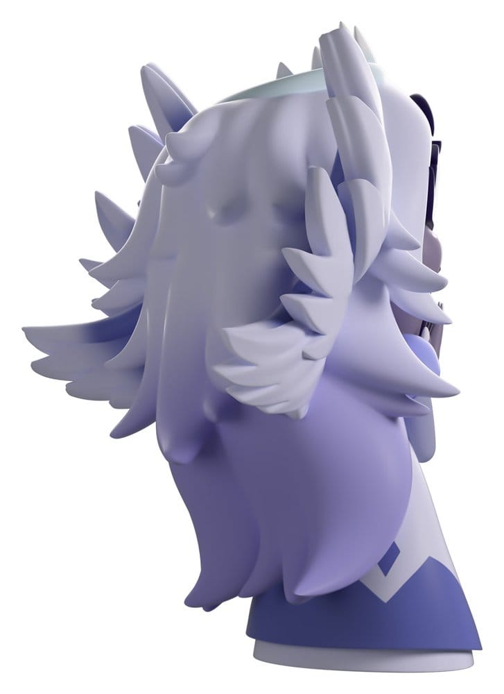 Side view of Emily Hazbin Hotel Youtooz vinyl figure showing long white hair and wings.