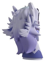 Side view of Emily Hazbin Hotel Youtooz vinyl figure showing long white hair and wings.