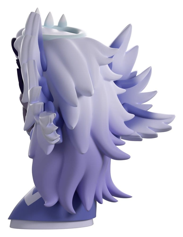 Close side angle of Emily Hazbin Hotel Youtooz vinyl figure with layered hair and wing details.