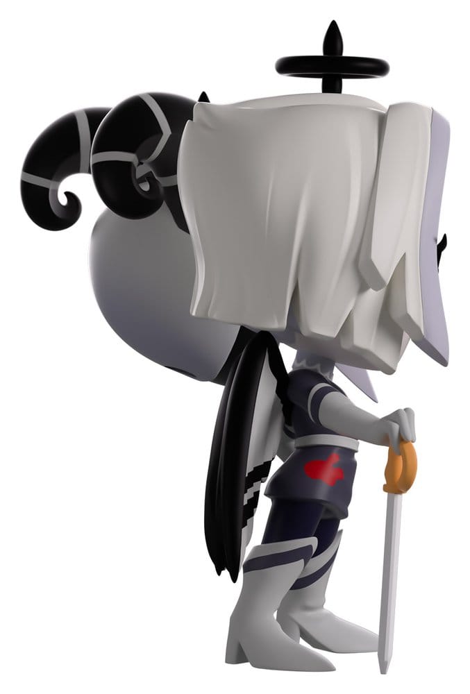 Lute Hazbin Hotel Youtooz vinyl figure side view showing white bob haircut, sword and black wings.
