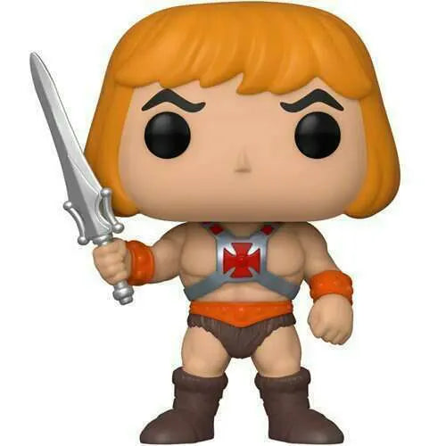 Close-up of Funko Pop! He-Man figure holding his sword aloft in classic pose.