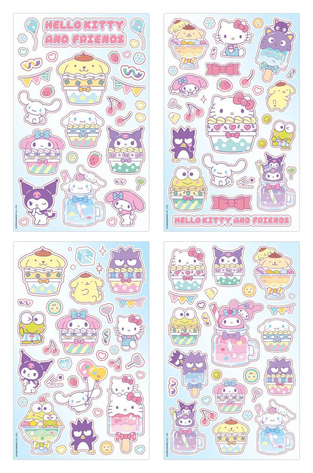 Sanrio Hello Kitty & Friends Cupcake Sticker Pack featuring 8 sticker sheets with Hello Kitty, My Melody, Kuromi, Pompompurin, Cinnamoroll, Keroppi and Badtz-Maru dessert-themed stickers