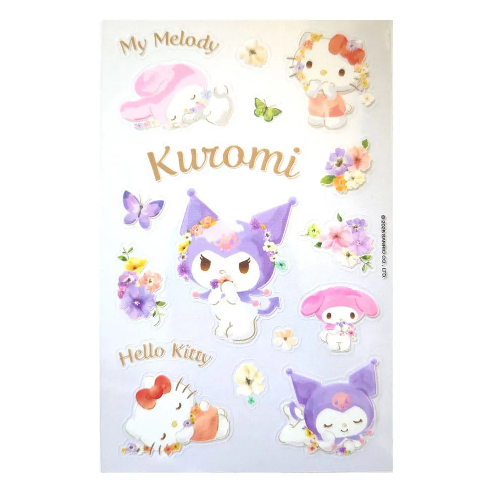Kuromi themed pastel Sanrio sticker sheet with flowers, butterflies and Hello Kitty artwork
