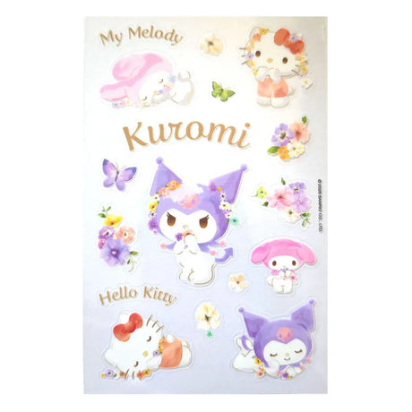 Kuromi themed pastel Sanrio sticker sheet with flowers, butterflies and Hello Kitty artwork
