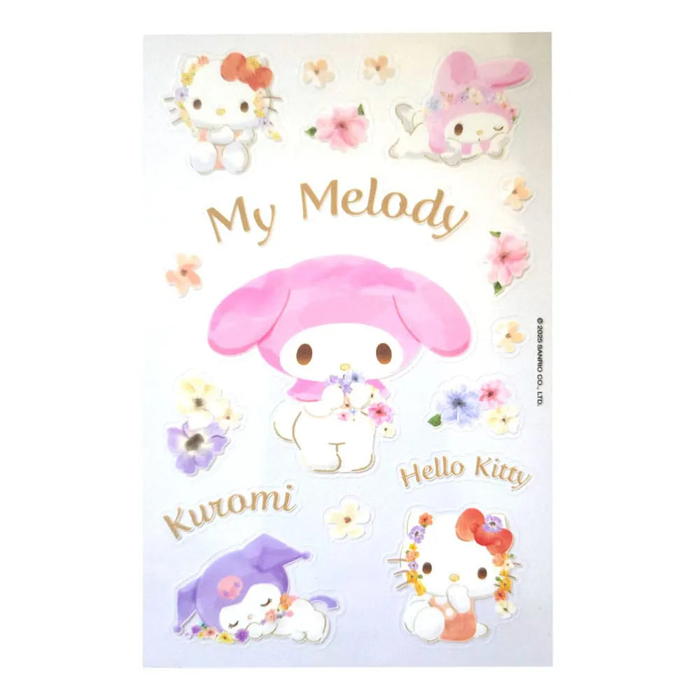 My Melody pastel flower sticker sheet with Hello Kitty and Kuromi character illustrations