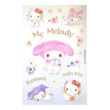 My Melody pastel flower sticker sheet with Hello Kitty and Kuromi character illustrations