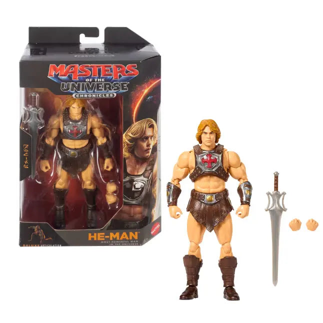 He-Man Masters of the Universe Chronicles figure displayed with deluxe collector packaging