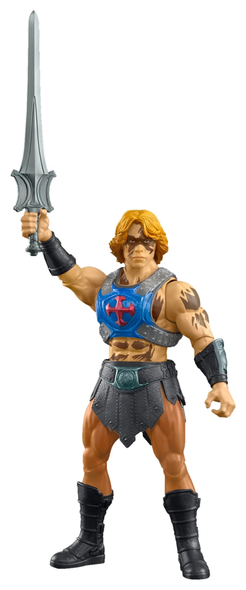 He-Man (Warpaint) action figure raising the Power Sword in a heroic battle pose.