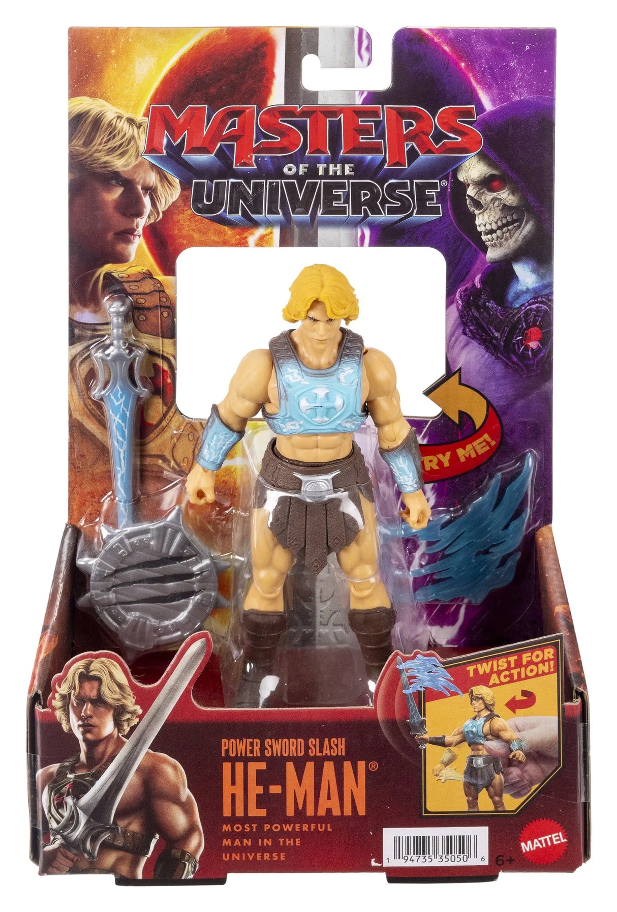 He-Man Power Sword Slash action figure in retail packaging with sword and shield accessories