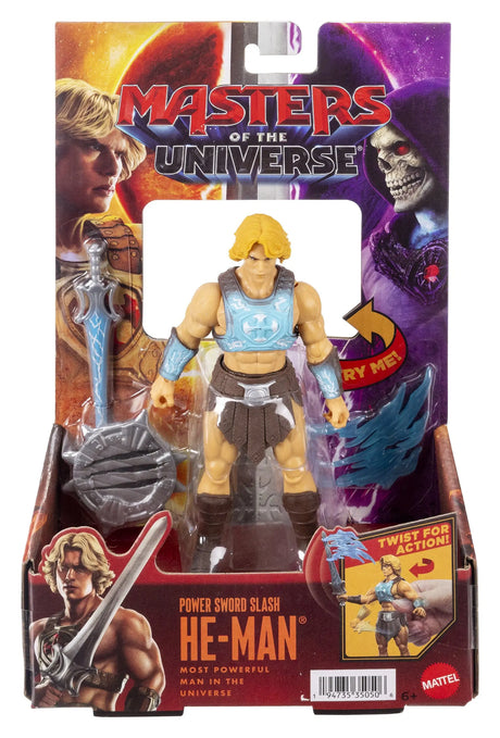 He-Man Power Sword Slash action figure in retail packaging with sword and shield accessories