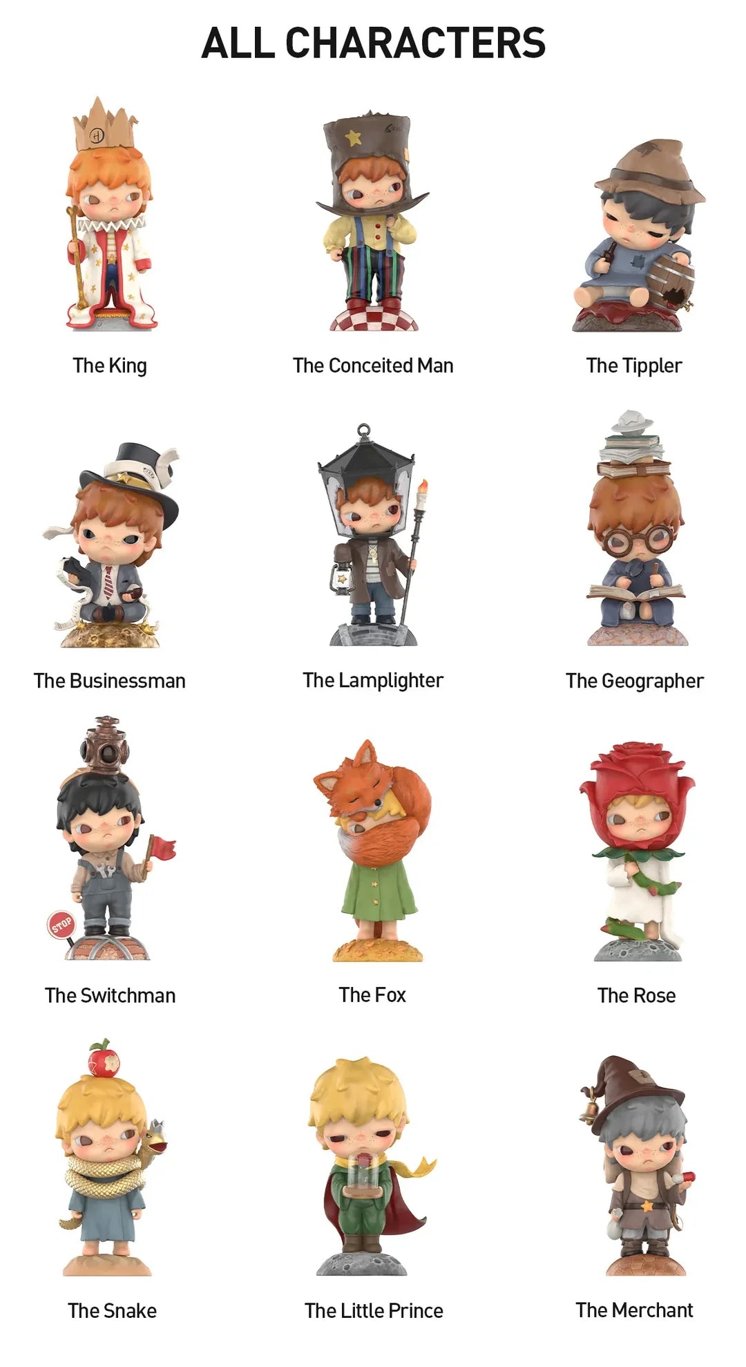 Hirono x Le Petit Prince blindbox full set showing all collectible figures including chase editions