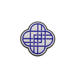 HUNTRIX logo pin front view with geometric blue pattern on white background