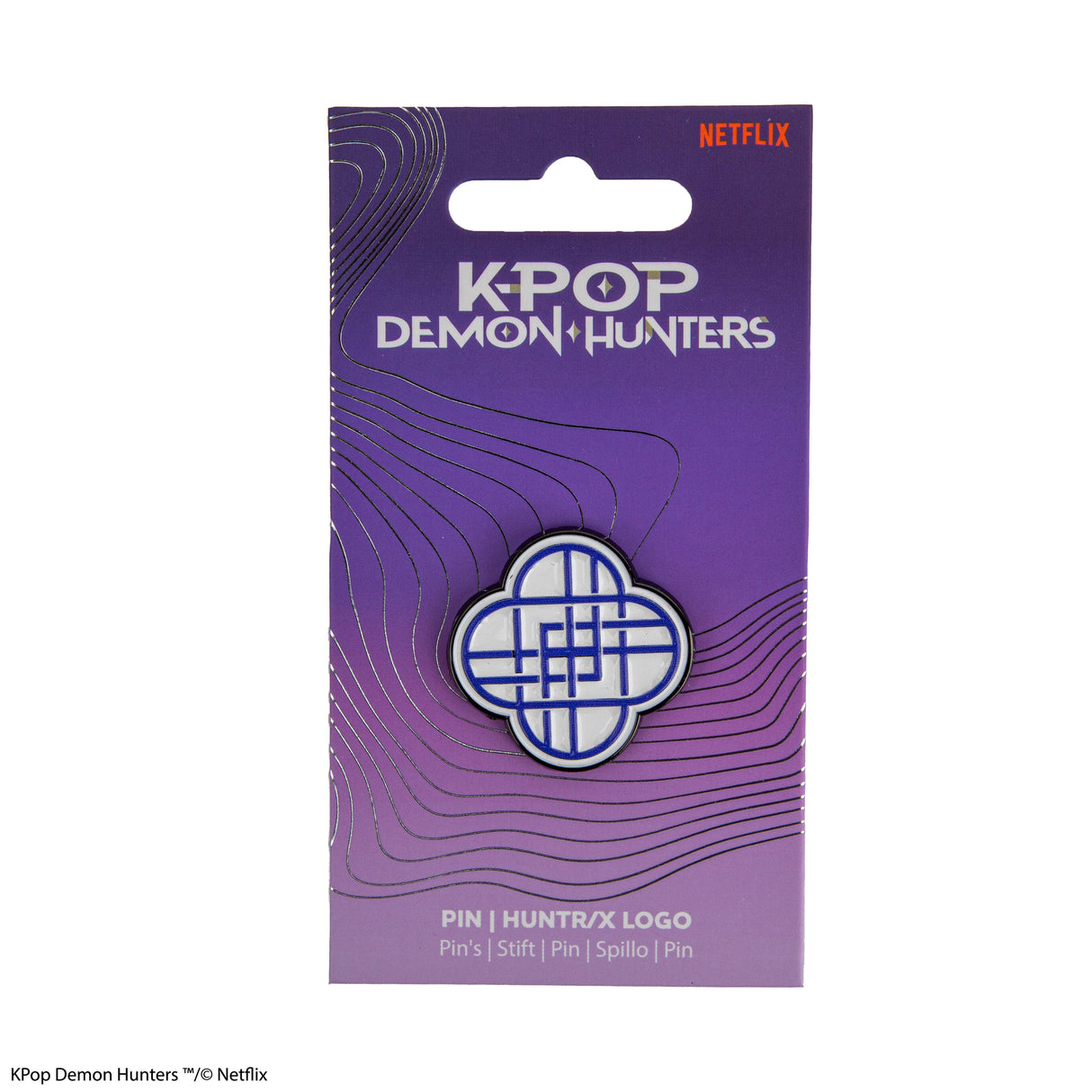 HUNTRIX logo pin on official KPop Demon Hunters packaging