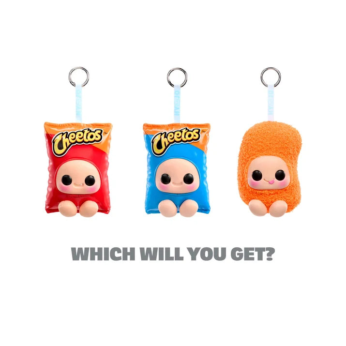 Three Hyojo x Cheetos blind box figures featuring Red Bag, rare Blue Bag and ultra-rare Cheetos Puff.