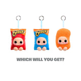 Three Hyojo x Cheetos blind box figures featuring Red Bag, rare Blue Bag and ultra-rare Cheetos Puff.