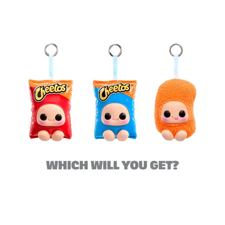 Three Hyojo x Cheetos blind box figures featuring Red Bag, rare Blue Bag and ultra-rare Cheetos Puff.