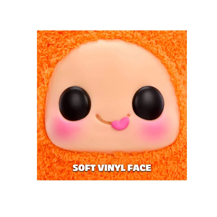 Close-up of Hyojo Cheetos Puff collectible featuring soft vinyl face, black eyes and pink tongue.