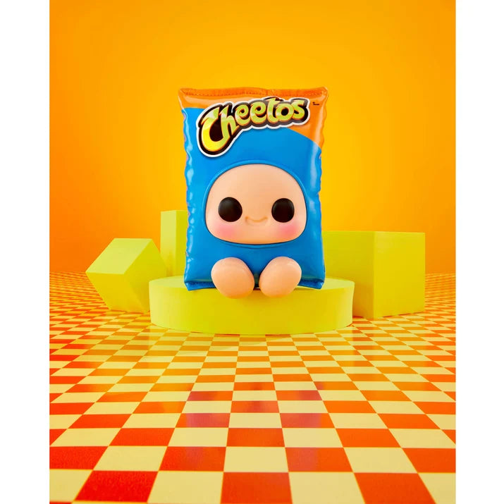 Hyojo Cheetos Blue Bag collectible plush displayed on yellow platform with orange background.