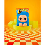 Hyojo Cheetos Blue Bag collectible plush displayed on yellow platform with orange background.
