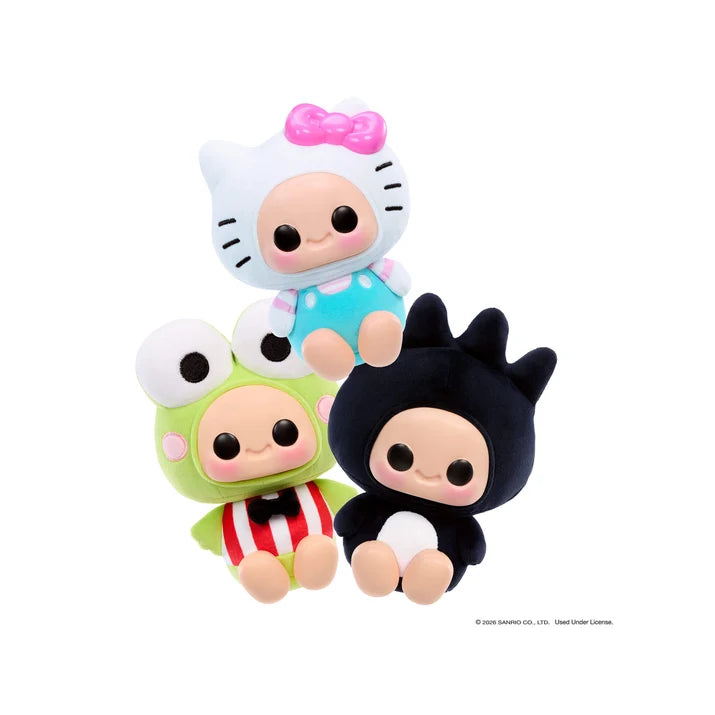 Hyojo x Sanrio collection featuring Hello Kitty, Keroppi, and Badtz-Maru squishy plush figures stacked together.