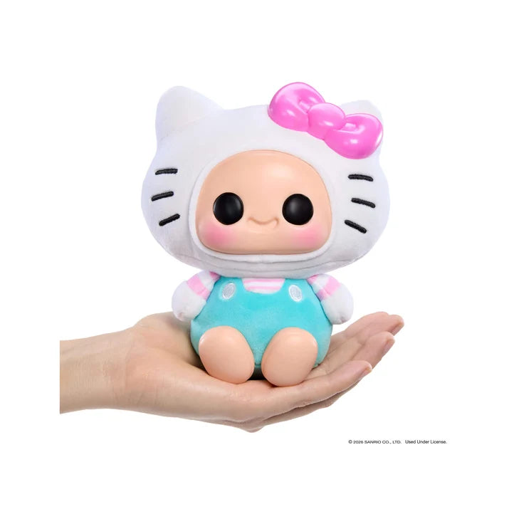 Hyojo Hello Kitty plush collectible with pink bow, white cat costume, turquoise outfit, and soft vinyl face.