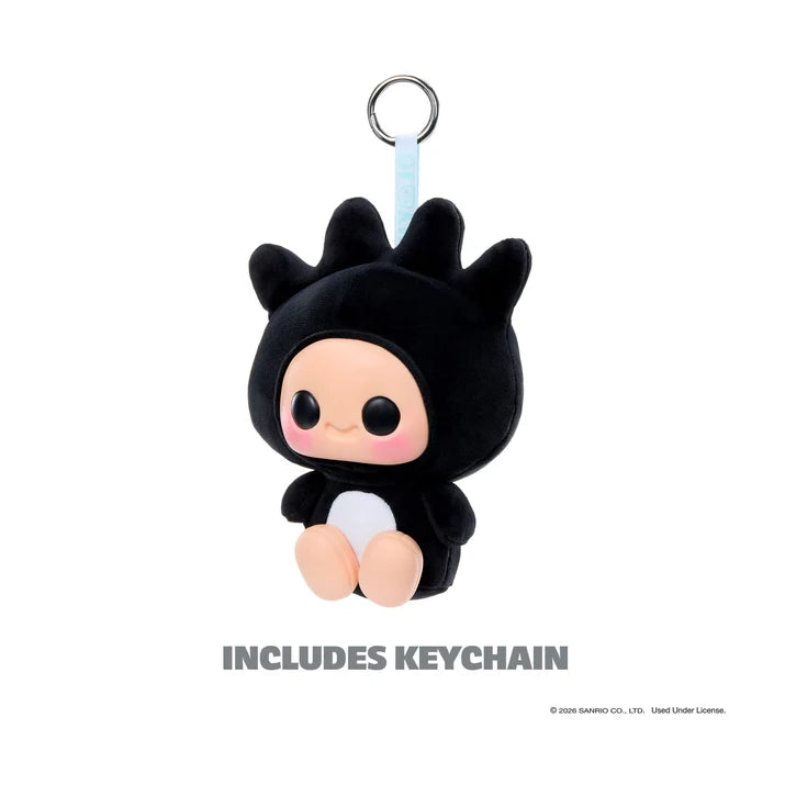 Hyojo Badtz-Maru plush keychain featuring black penguin-inspired costume, soft vinyl face, and metal keyring.
