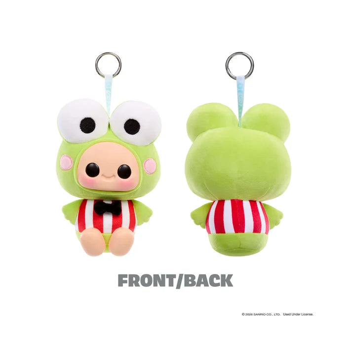 Front and back view of Hyojo Keroppi plush keychain with oversized frog eyes and red-and-white striped outfit.