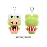 Front and back view of Hyojo Keroppi plush keychain with oversized frog eyes and red-and-white striped outfit.
