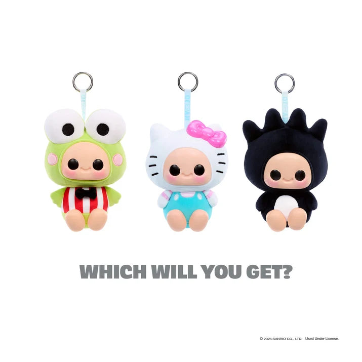 Three Hyojo x Hello Kitty and Friends blind box characters featuring Keroppi, Hello Kitty, and Badtz-Maru.