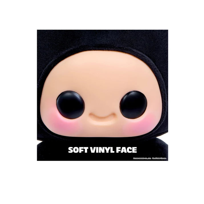 Close-up of Hyojo collectible's soft vinyl face with black eyes, smiling expression, and rosy cheeks.