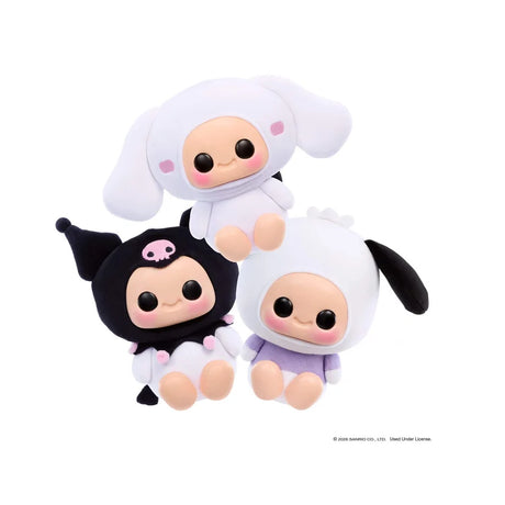 Hyojo x Sanrio collection featuring Cinnamoroll, Kuromi, and Pochacco squishy plush collectibles stacked together.