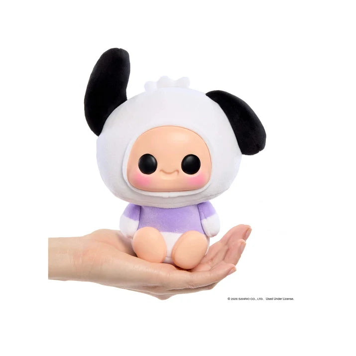 Hyojo Pochacco plush collectible featuring black floppy ears, white puppy costume, lavender outfit, and soft vinyl face.