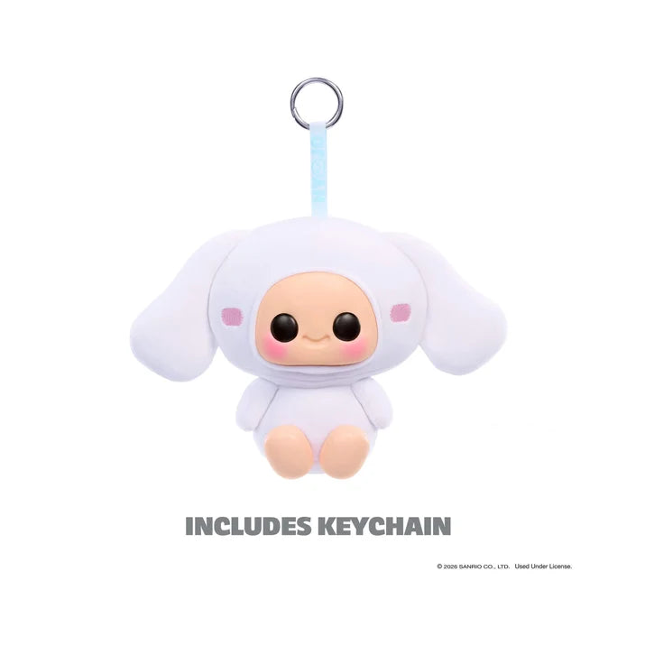 Hyojo Cinnamoroll plush keychain featuring long white floppy ears, pink cheeks, and signature smiling face.