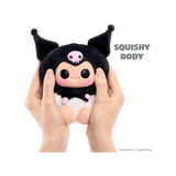 Hyojo Kuromi squishy plush figure being squeezed to demonstrate its soft black costume and squeezable body.