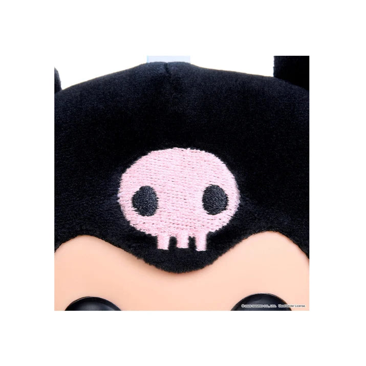 Close-up of embroidered pink skull detail on Hyojo Kuromi's black plush jester hat.
