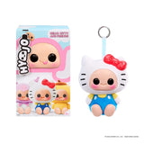 Hyojo x Hello Kitty and Friends Blind Box featuring Hello Kitty plush keychain with red bow, blue outfit, and collectible packaging.