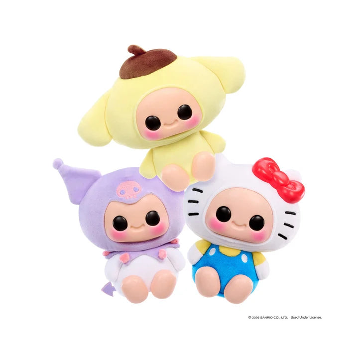 Hyojo x Sanrio collection featuring Pompompurin, Kuromi, and Hello Kitty squishy plush collectibles stacked together.