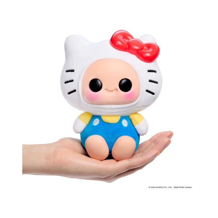 Hyojo Hello Kitty plush collectible featuring white cat costume, red bow, blue overalls, and soft vinyl face.