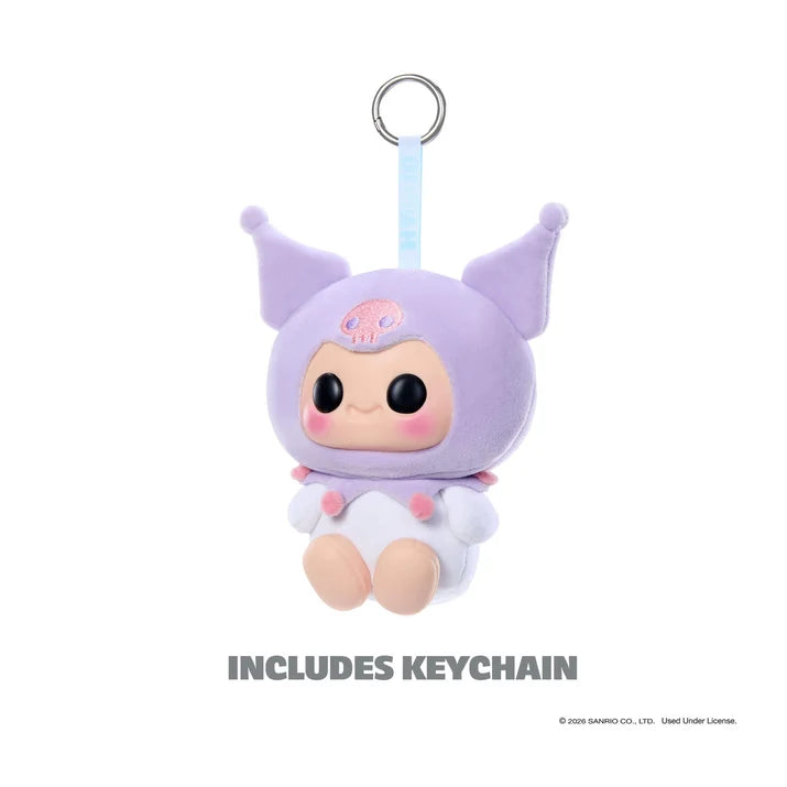 Hyojo Kuromi plush keychain featuring pastel purple jester hat, embroidered pink skull, and signature smiling face.