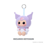 Hyojo Kuromi plush keychain featuring pastel purple jester hat, embroidered pink skull, and signature smiling face.