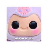 Close-up of Hyojo Kuromi collectible's soft vinyl face featuring large black eyes, rosy pink cheeks, and embroidered pink skull.