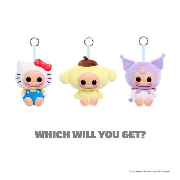 Three Hyojo x Hello Kitty and Friends blind box characters featuring Hello Kitty, Pompompurin, and Kuromi with attached keychains.